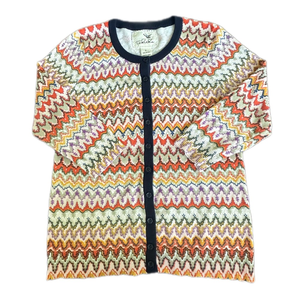 Tabitha Anthropologie Multi Color Zigzag Cotton Cardigan Sweater Navy Trim S